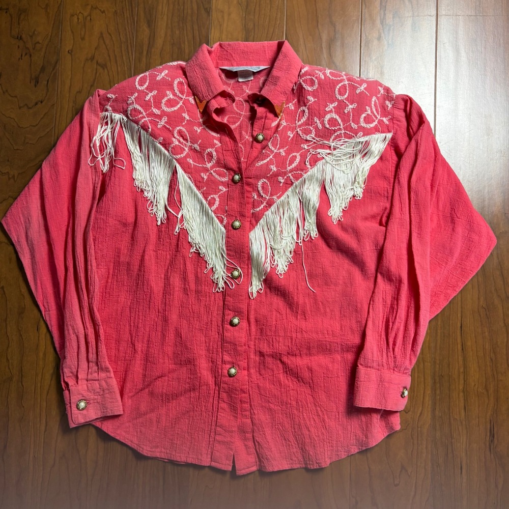 Lilia Smitty Vintage Western Fringe Pink Embroidered Button Up Shirt XS 998